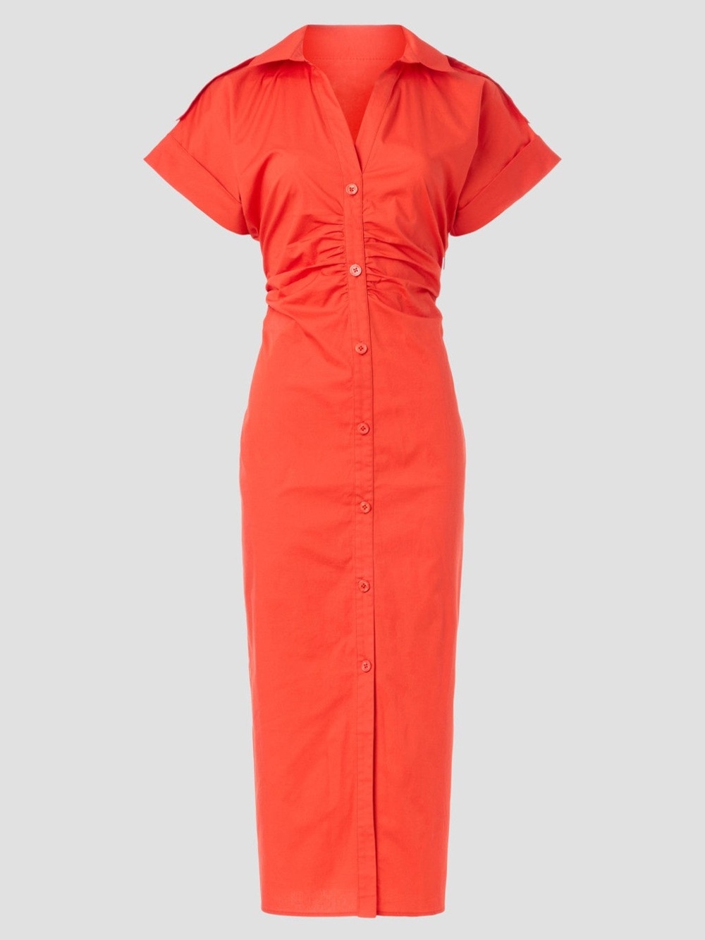 Saunders Ruched Shirt Dress Button-Front Collared Coral Midi Waist Detail